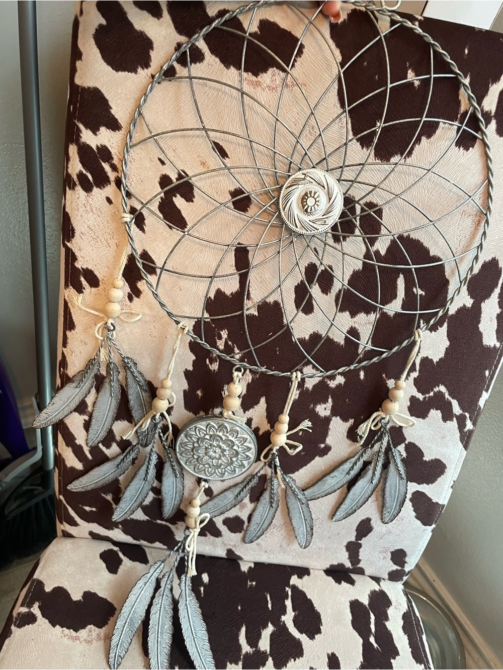 Boho Gray and Cream Feather Dreamcatcher Wall Hanging